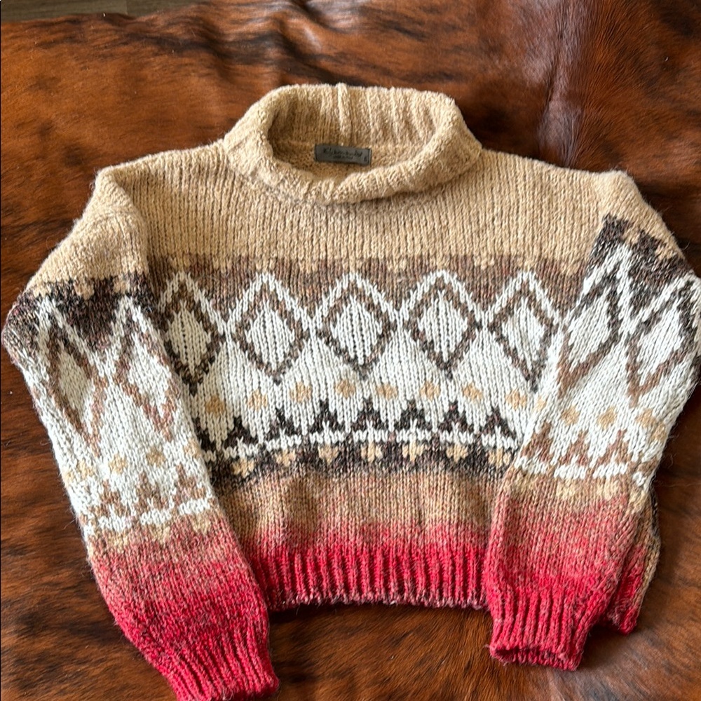 Cozy Tan and Red Patterned Sweater